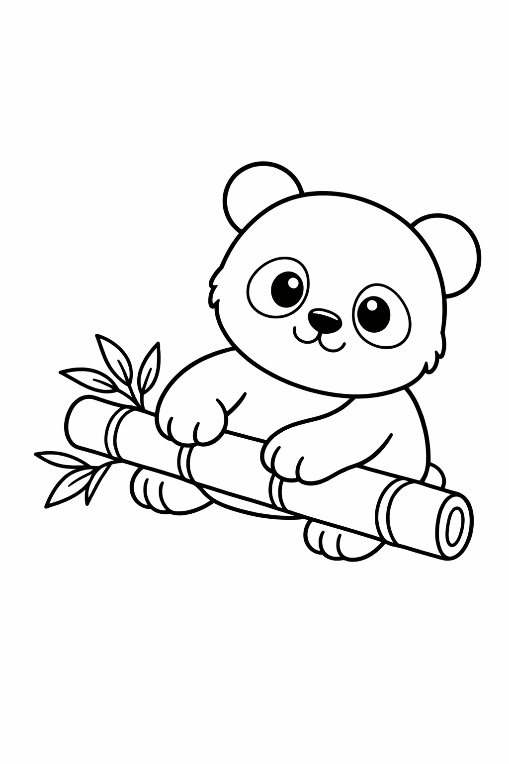 A baby panda rolling a bamboo stalk on the ground.