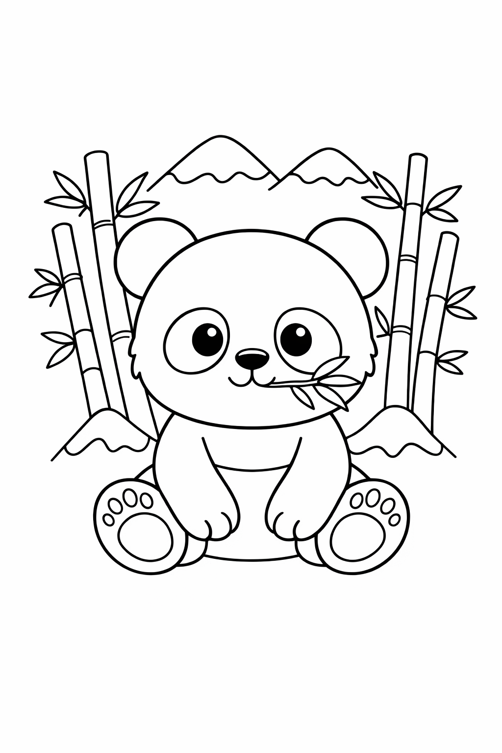 A baby panda sitting in front of bamboo and small mountains.