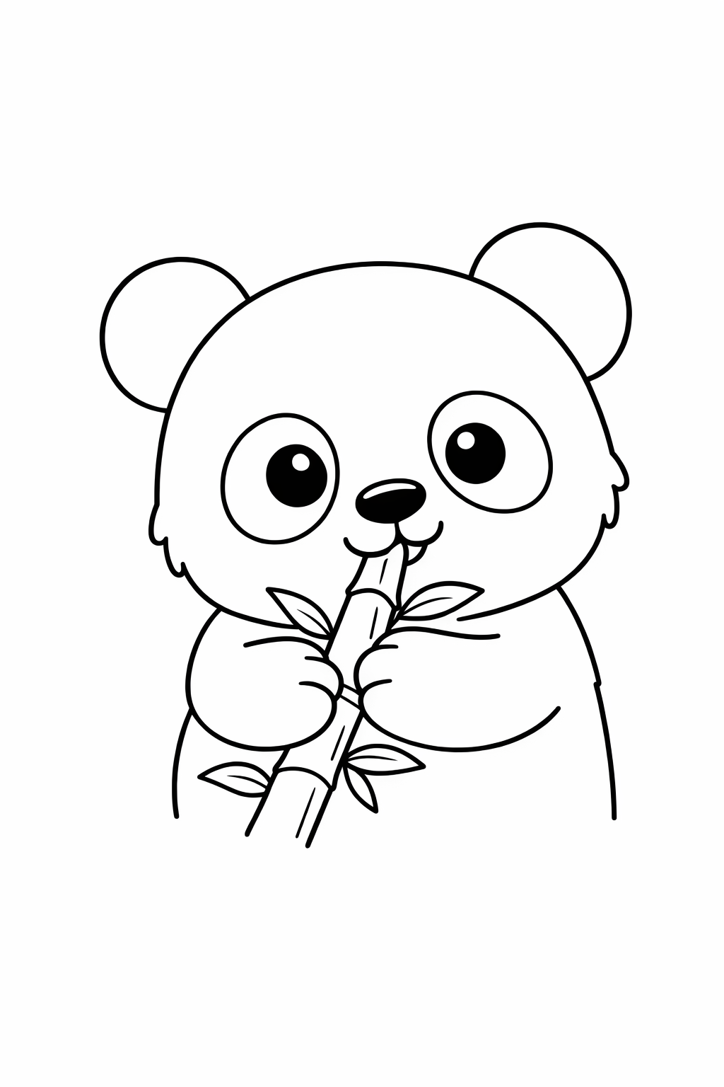 A baby panda nibbling the tip of a bamboo shoot.