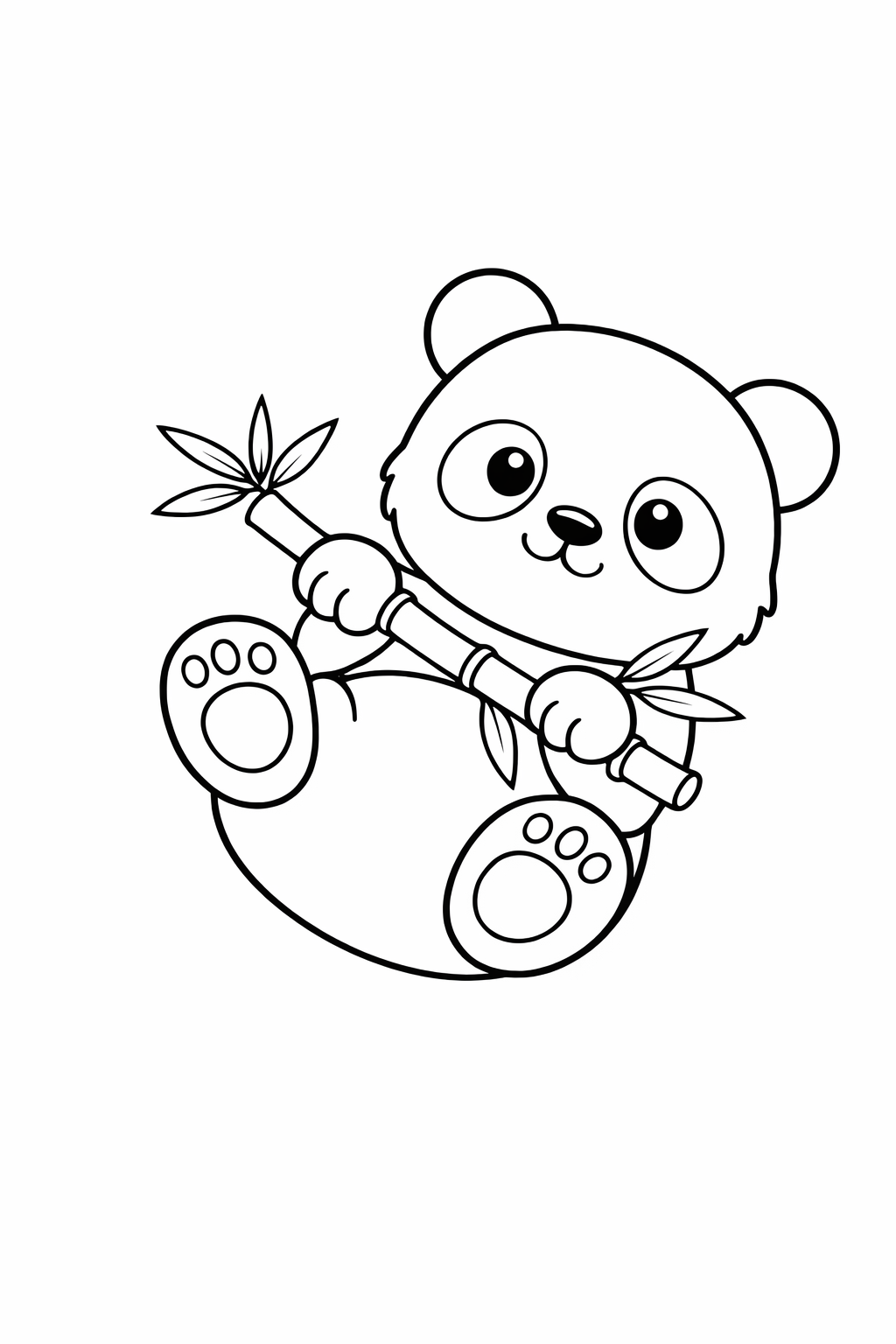 A baby panda lying on its back and holding bamboo with both feet.