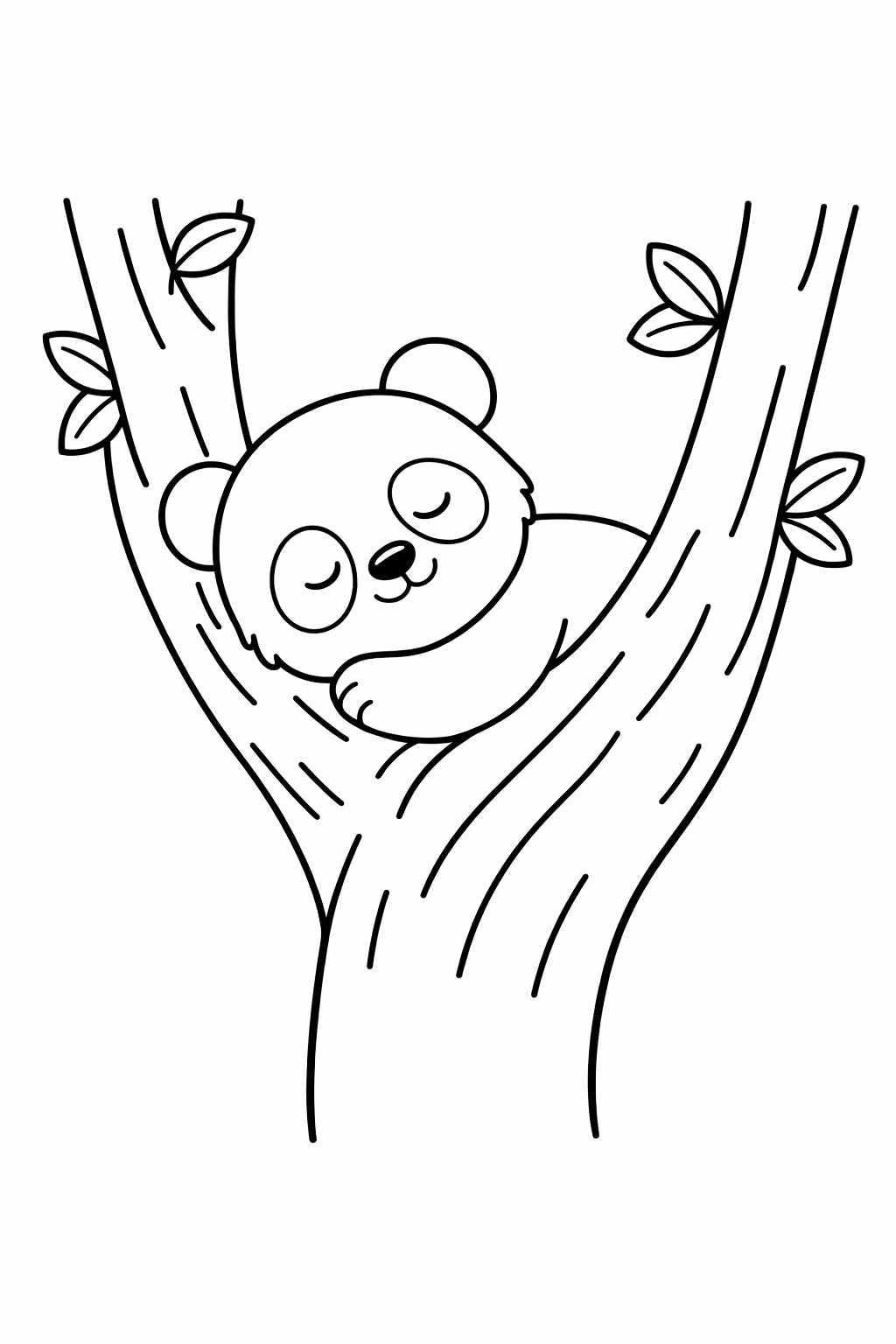 A baby panda sleeping in the fork of a tree.