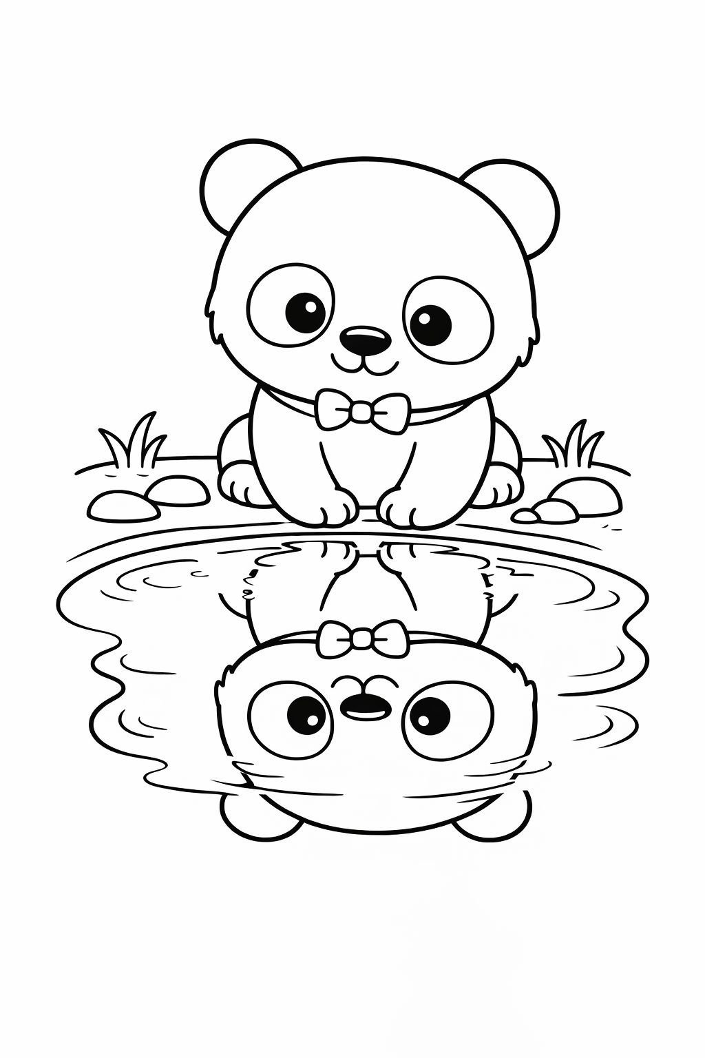 A baby panda looking at its reflection in a pond.