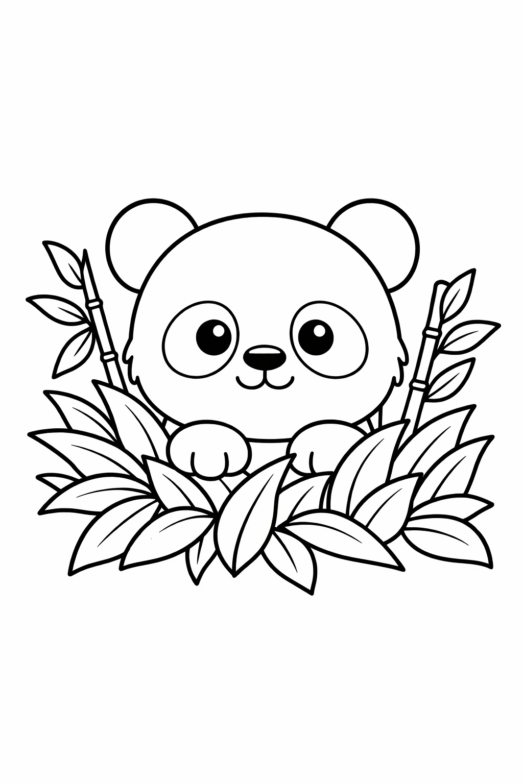 A baby panda peeking out from behind bamboo leaves.