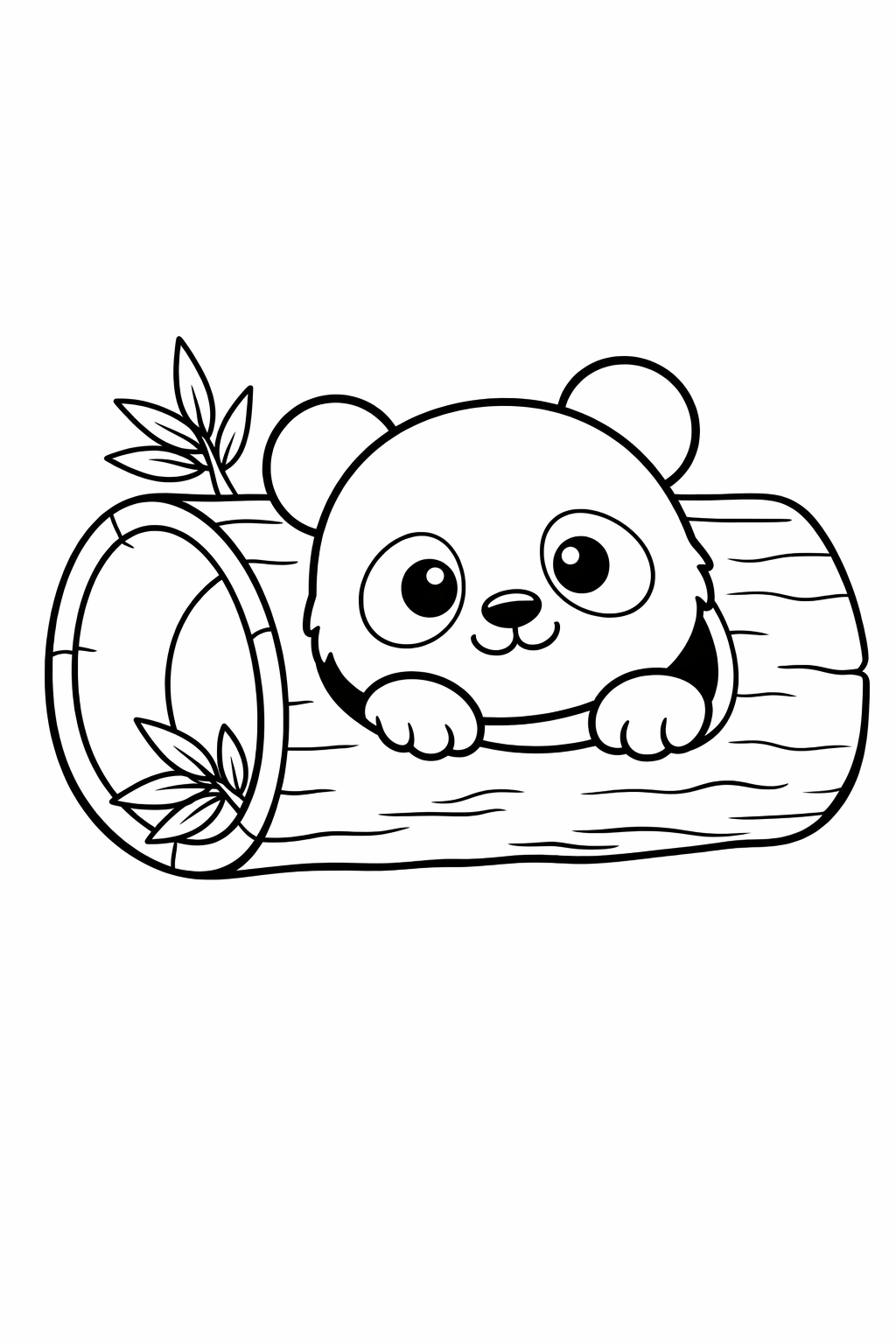 A baby panda peeking out of a hollow log.