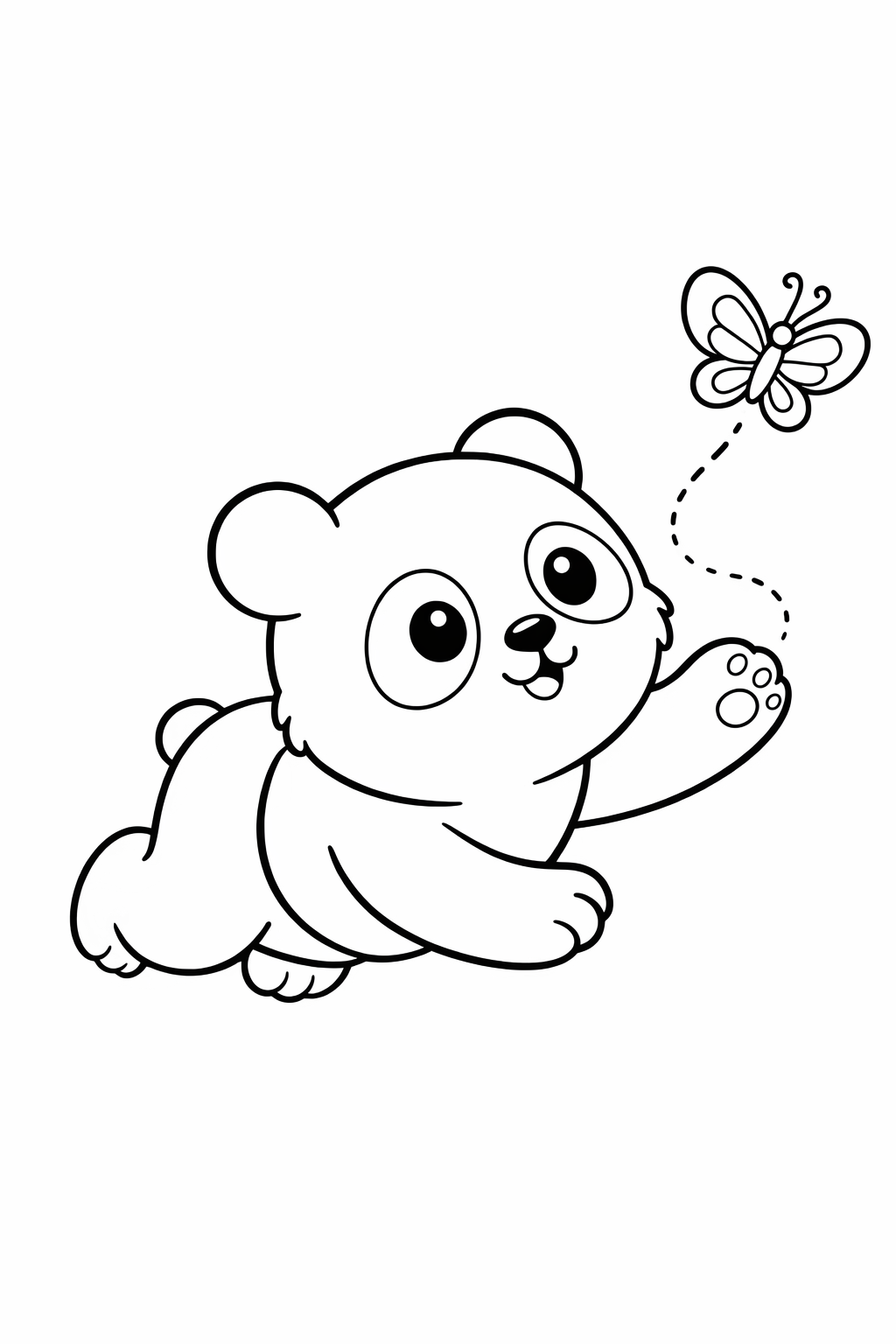 A baby panda chasing a butterfly.