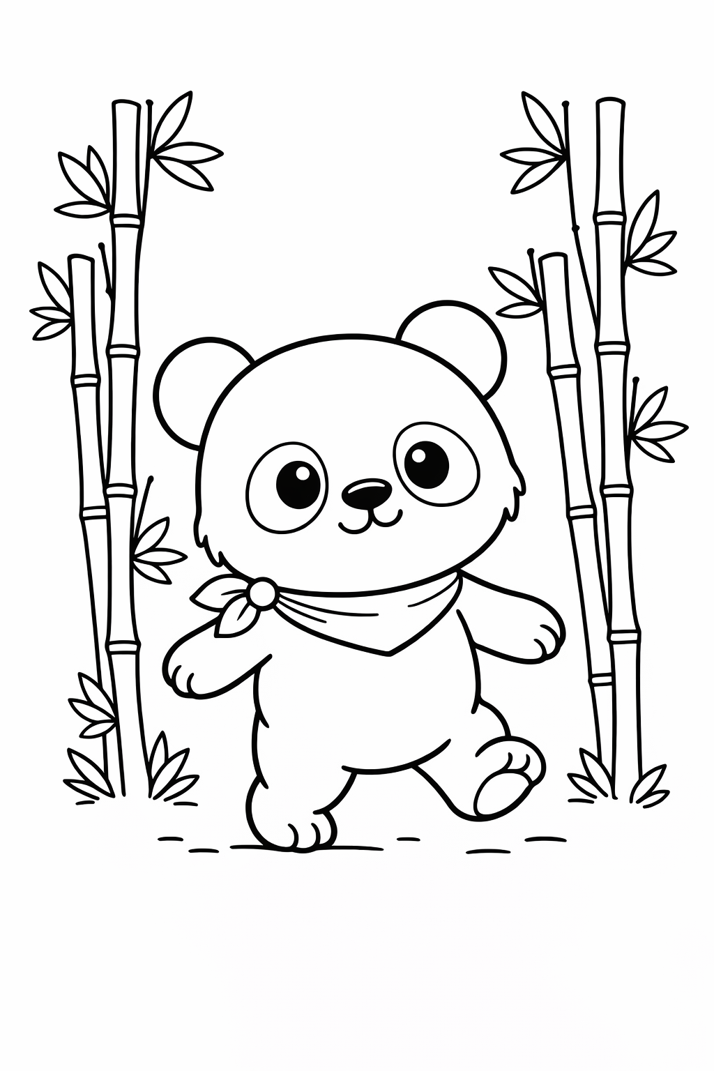 A baby panda taking tiny steps through a bamboo grove.