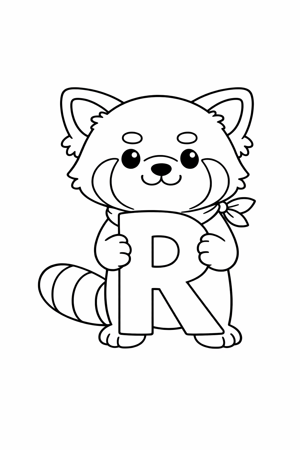 A cute red panda holding a big letter R