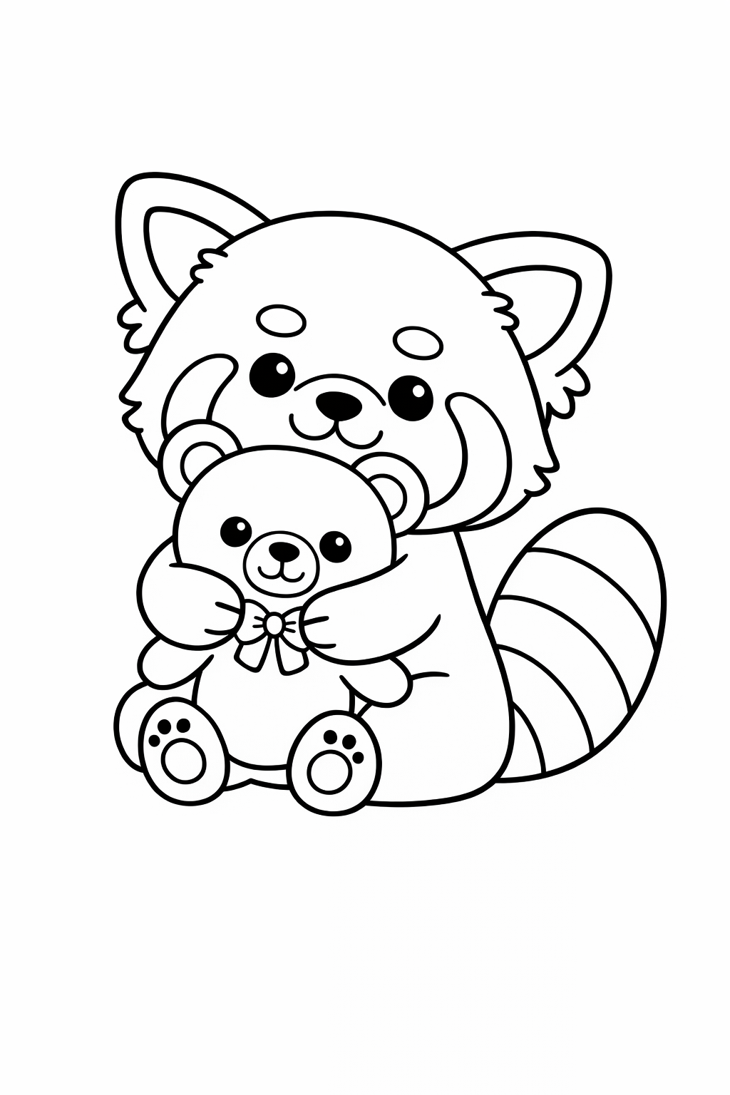 A cute red panda hugging a teddy bear