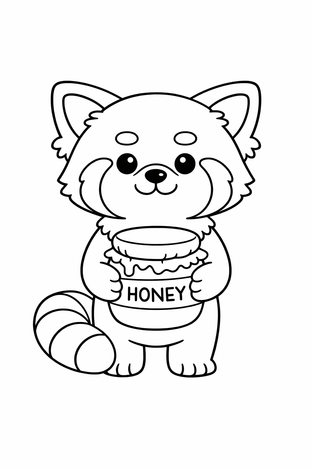 A cute red panda holding a honey jar
