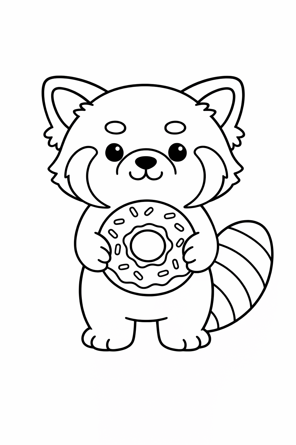 A cute red panda holding a donut