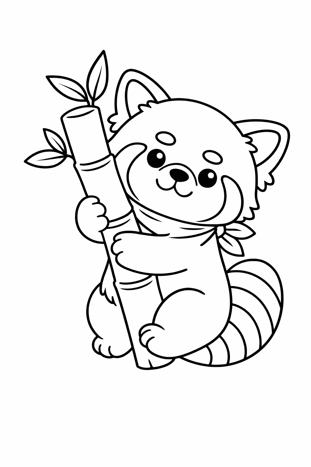 A cute red panda hugging a bamboo stick