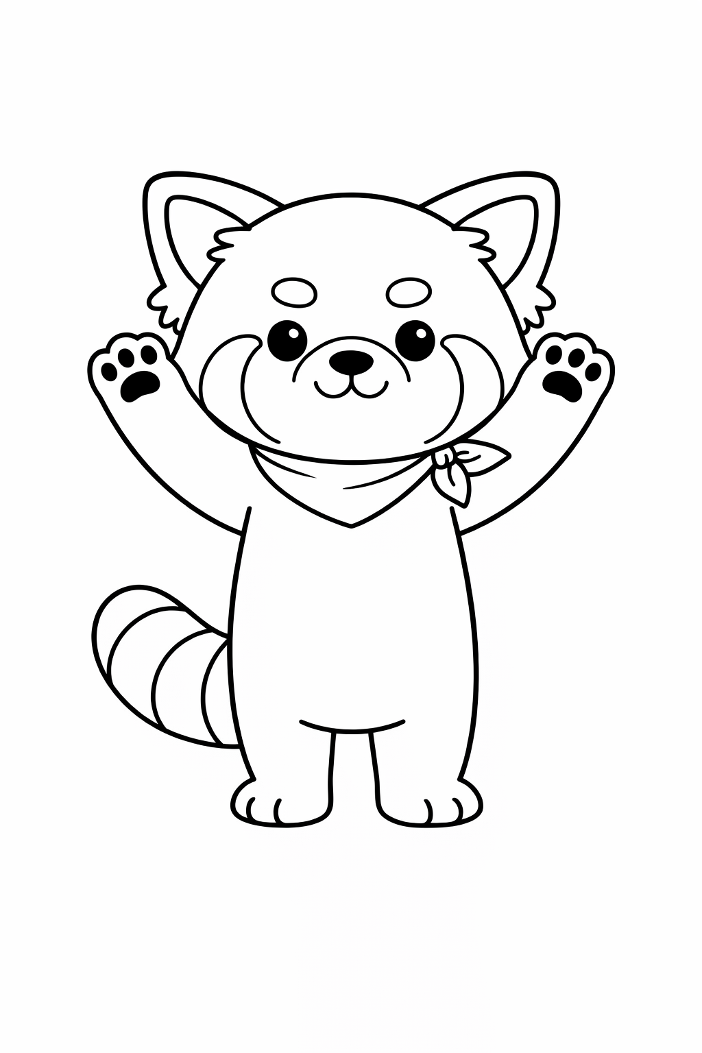 A cute red panda standing up with paws raised (“hands up”)