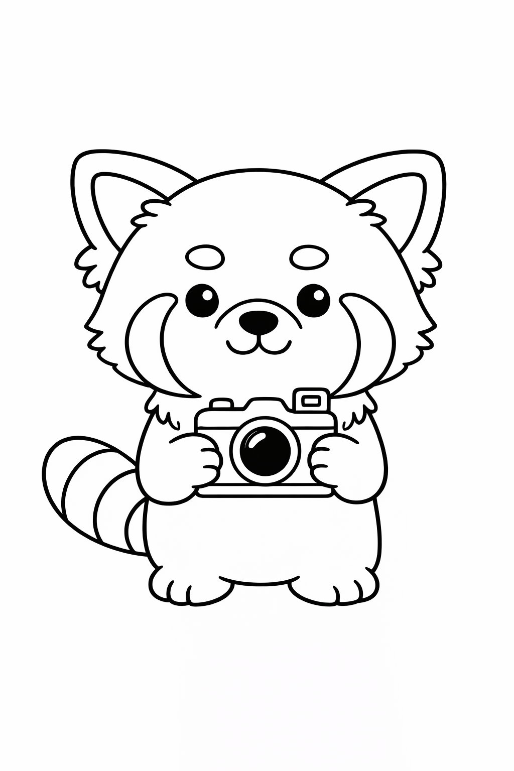 A cute red panda holding a small camera
