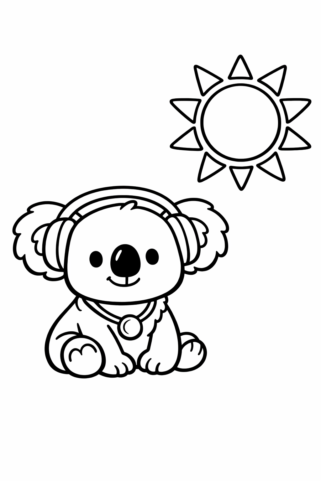 Koala sitting next to one big sun in the corner.