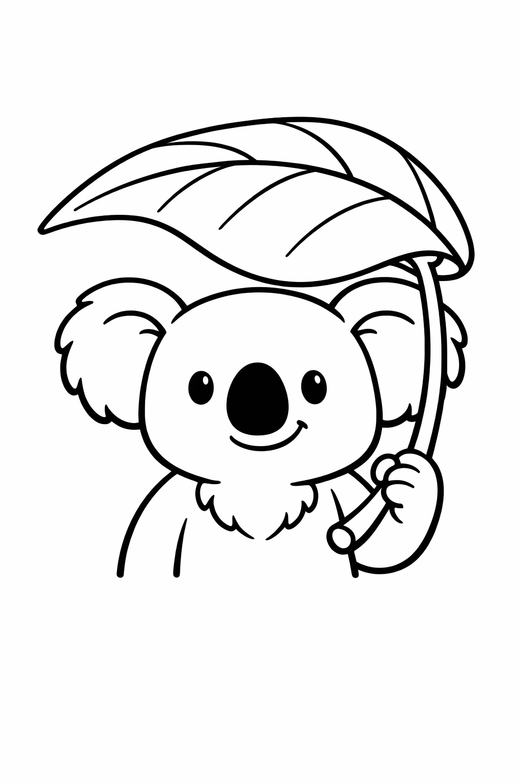 Koala holding a single big leaf like an umbrella.