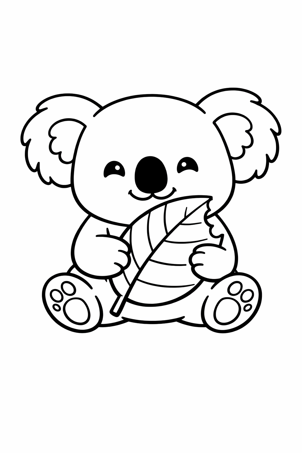 Koala sitting and holding a big leaf with a bite mark.