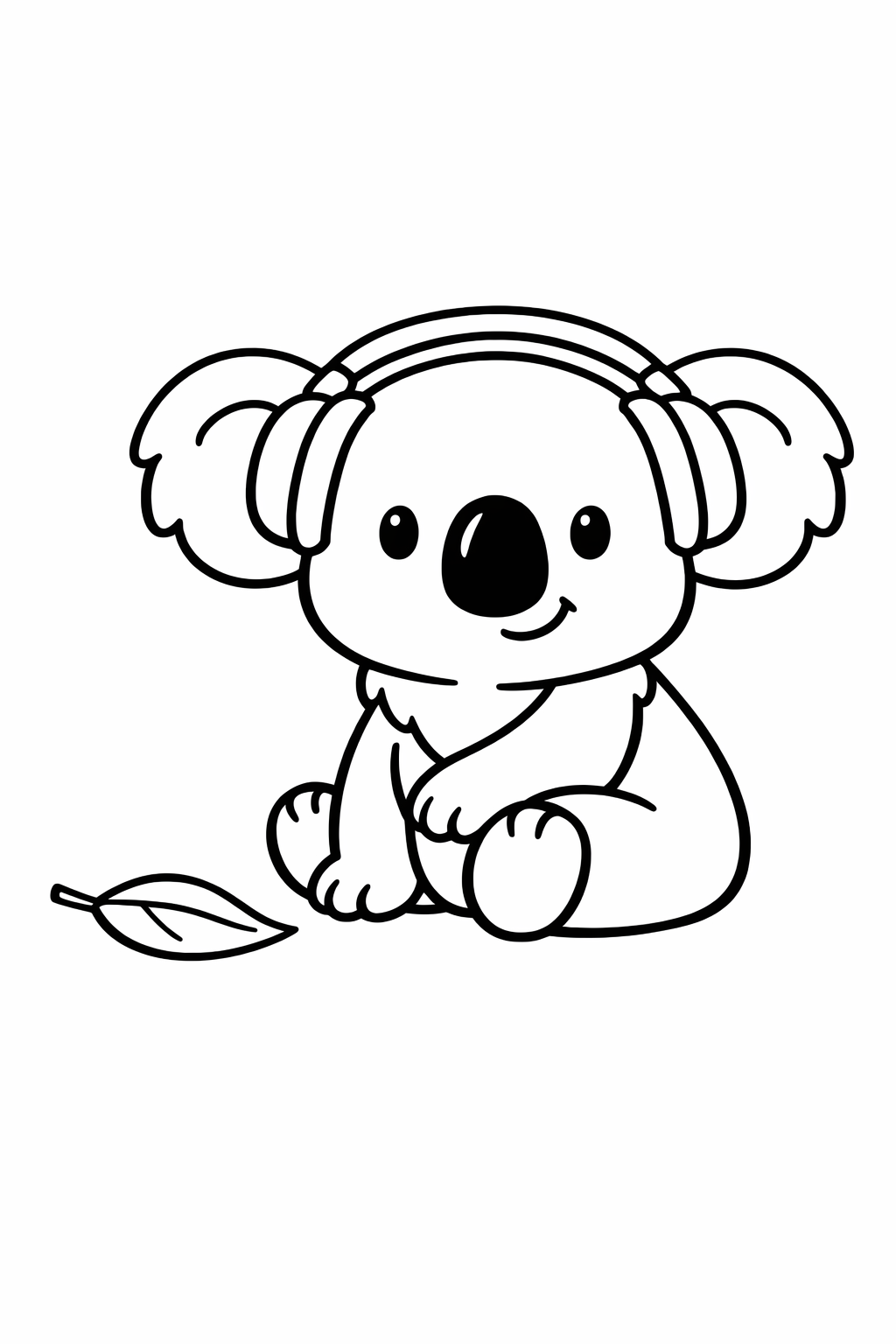 Koala sitting next to a single eucalyptus leaf on the ground.