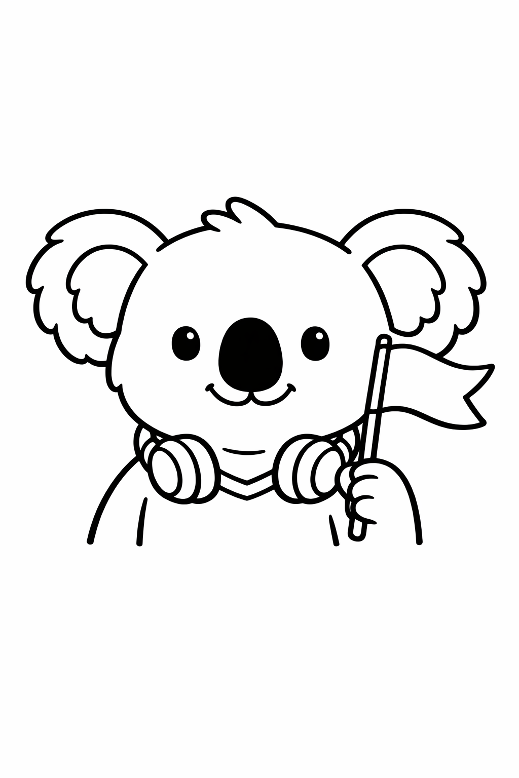 Koala holding a small flag on a stick.