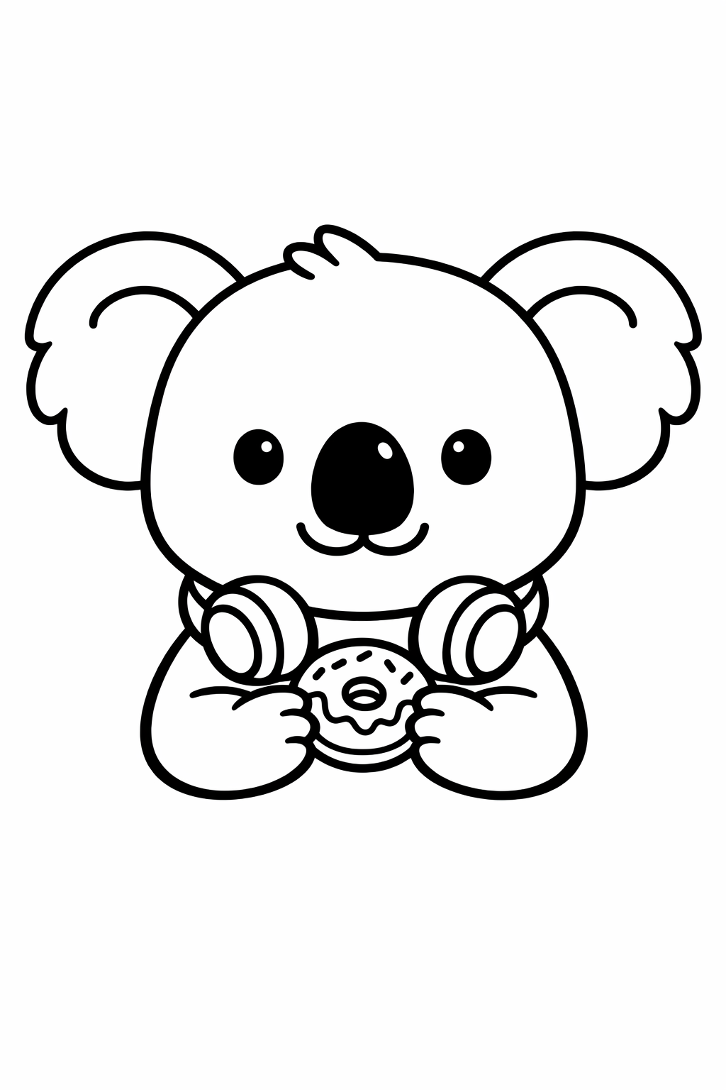 Koala holding a small donut with a hole.