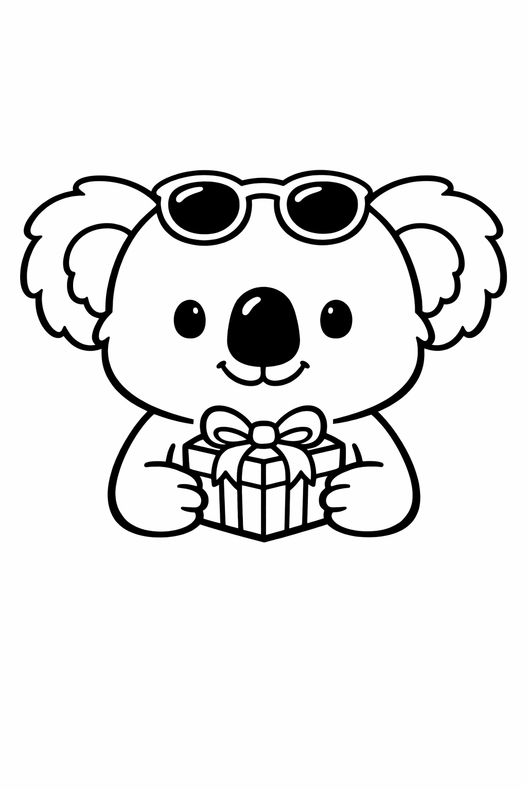 Koala holding a small gift box with a bow.