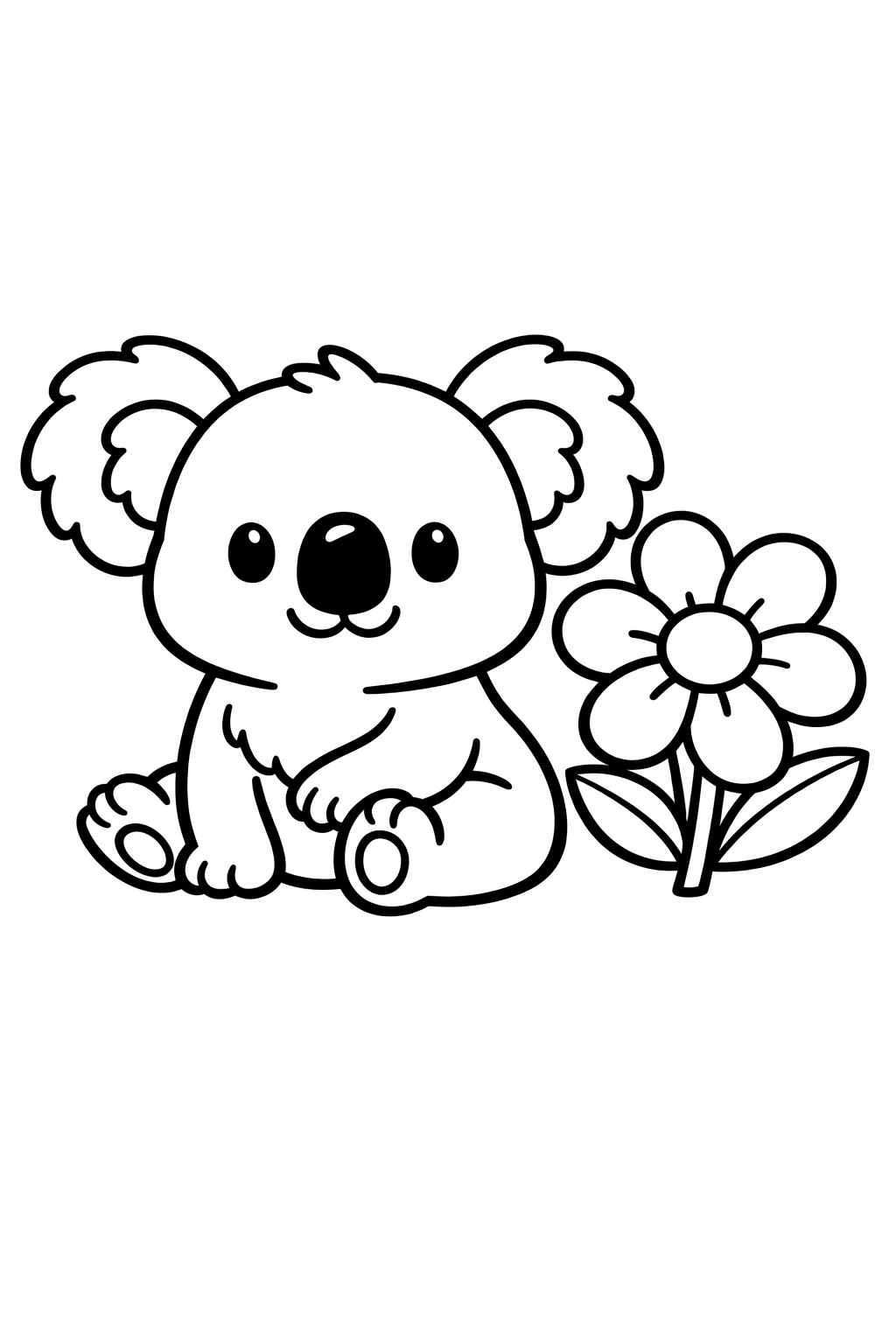 Koala sitting with one big flower beside it.