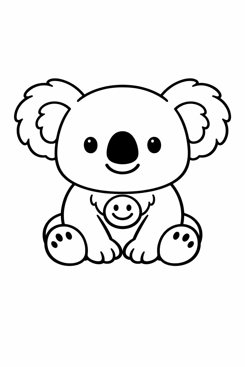 Koala sitting with a simple smiley face badge on its chest.