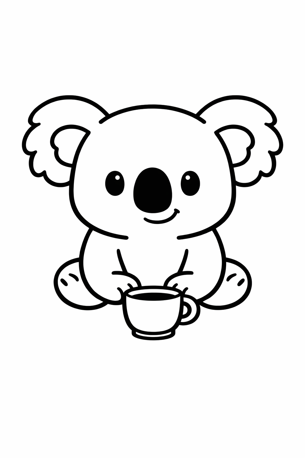 Koala sitting with a small cup in front (no steam).