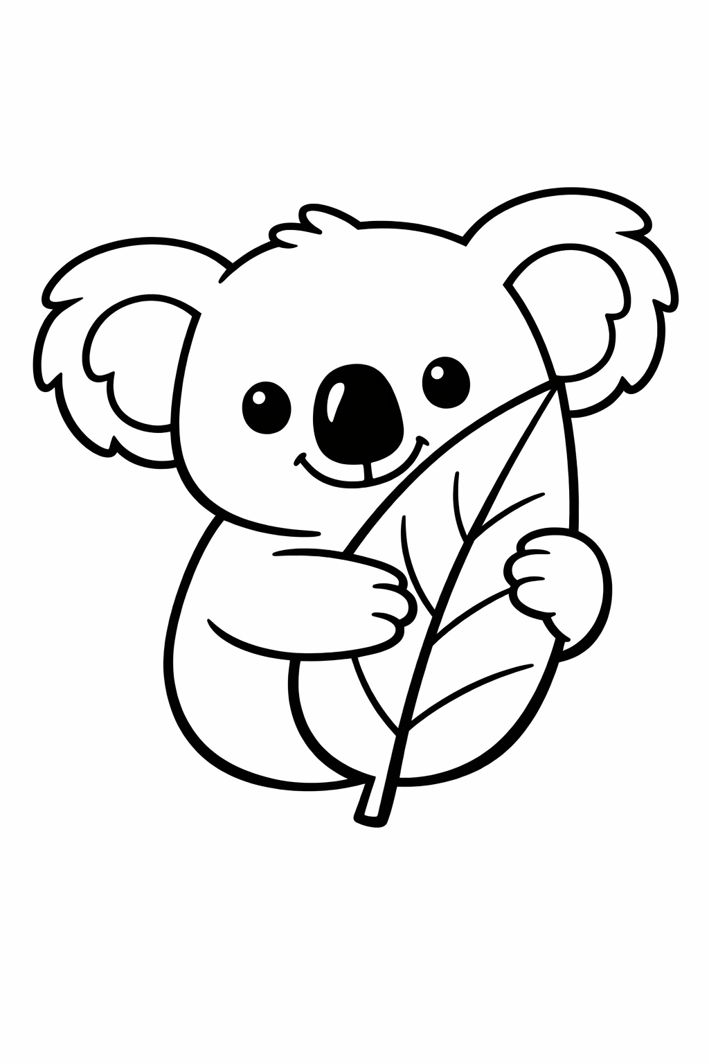 Koala hugging a big eucalyptus leaf with a friendly smile.