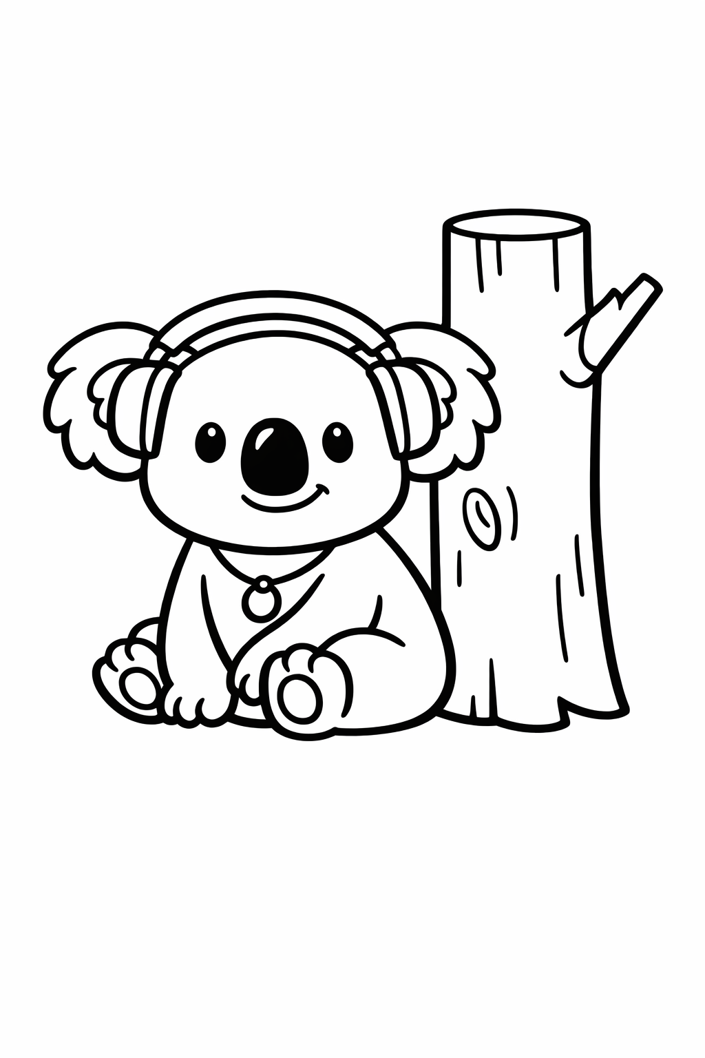 Koala sitting next to a simple tree trunk (no leaves).