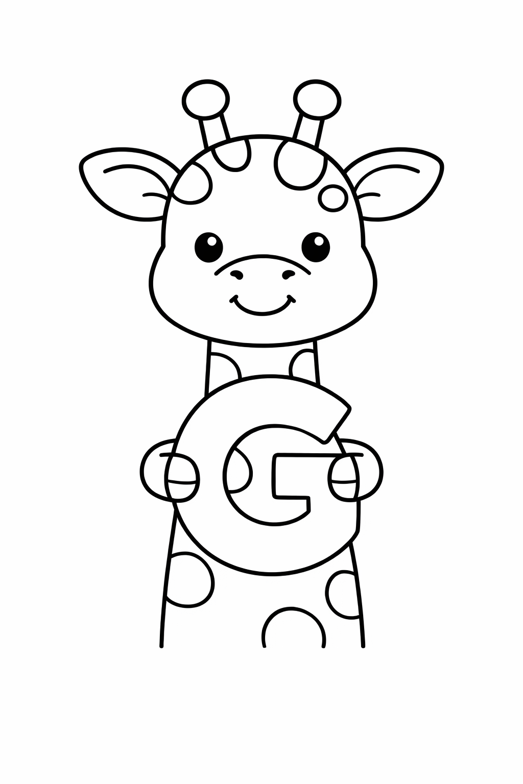 A giraffe holding a big letter G