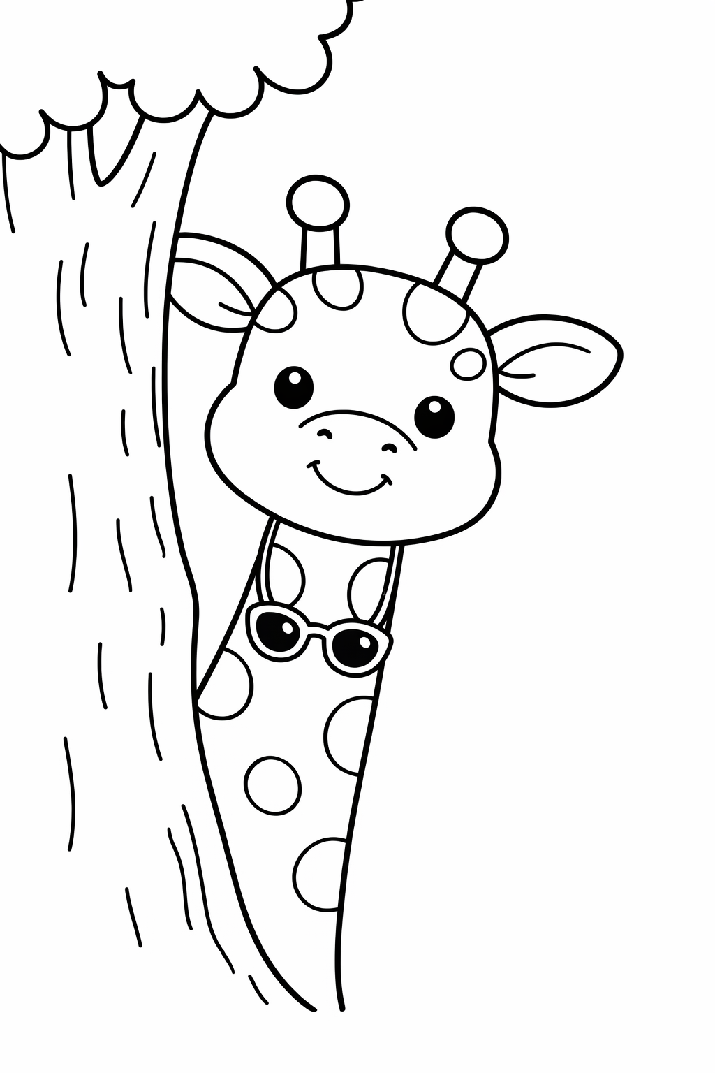 A giraffe peeking from behind a tree