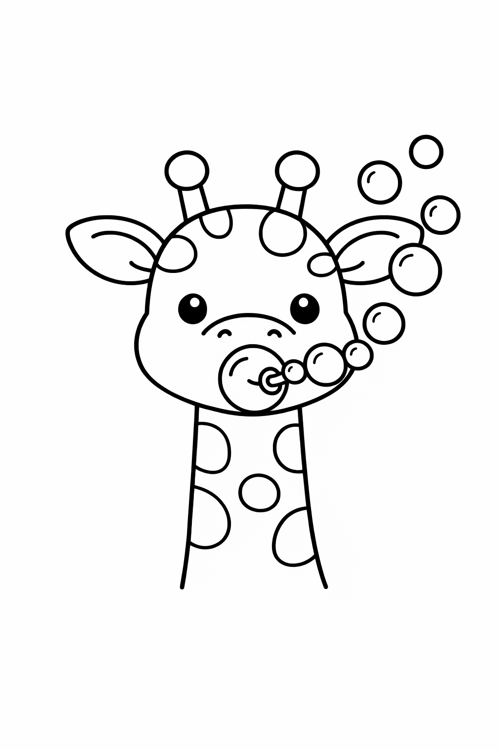 A giraffe blowing bubbles