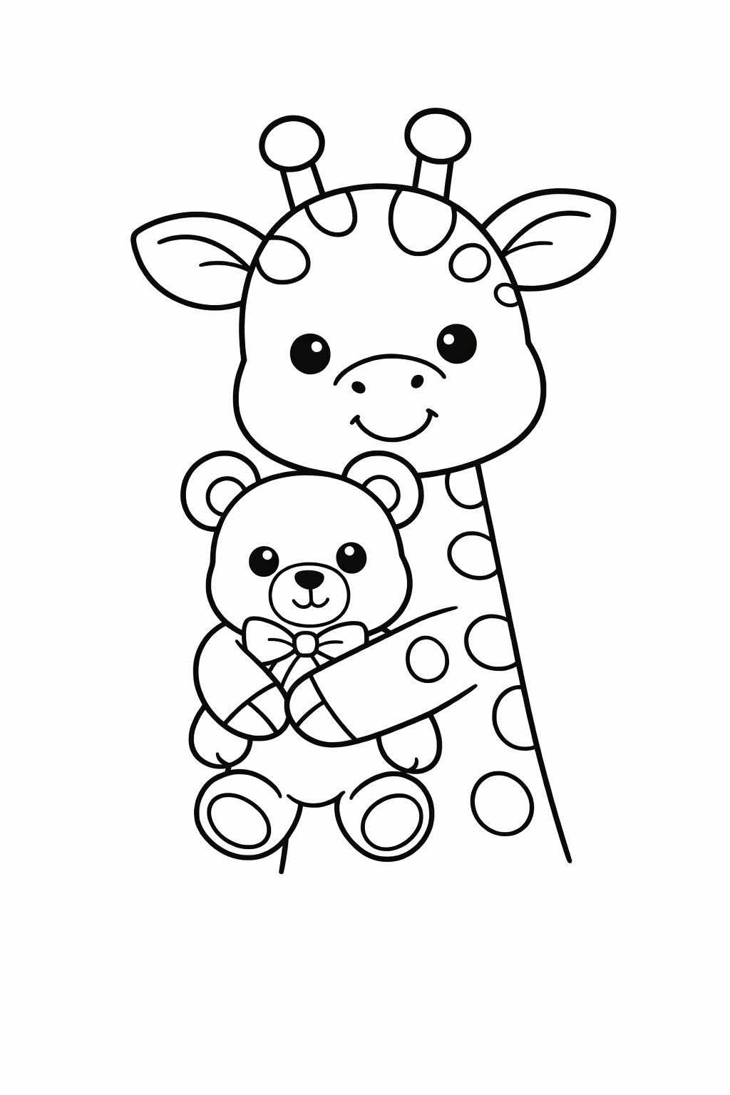 A giraffe hugging a teddy bear