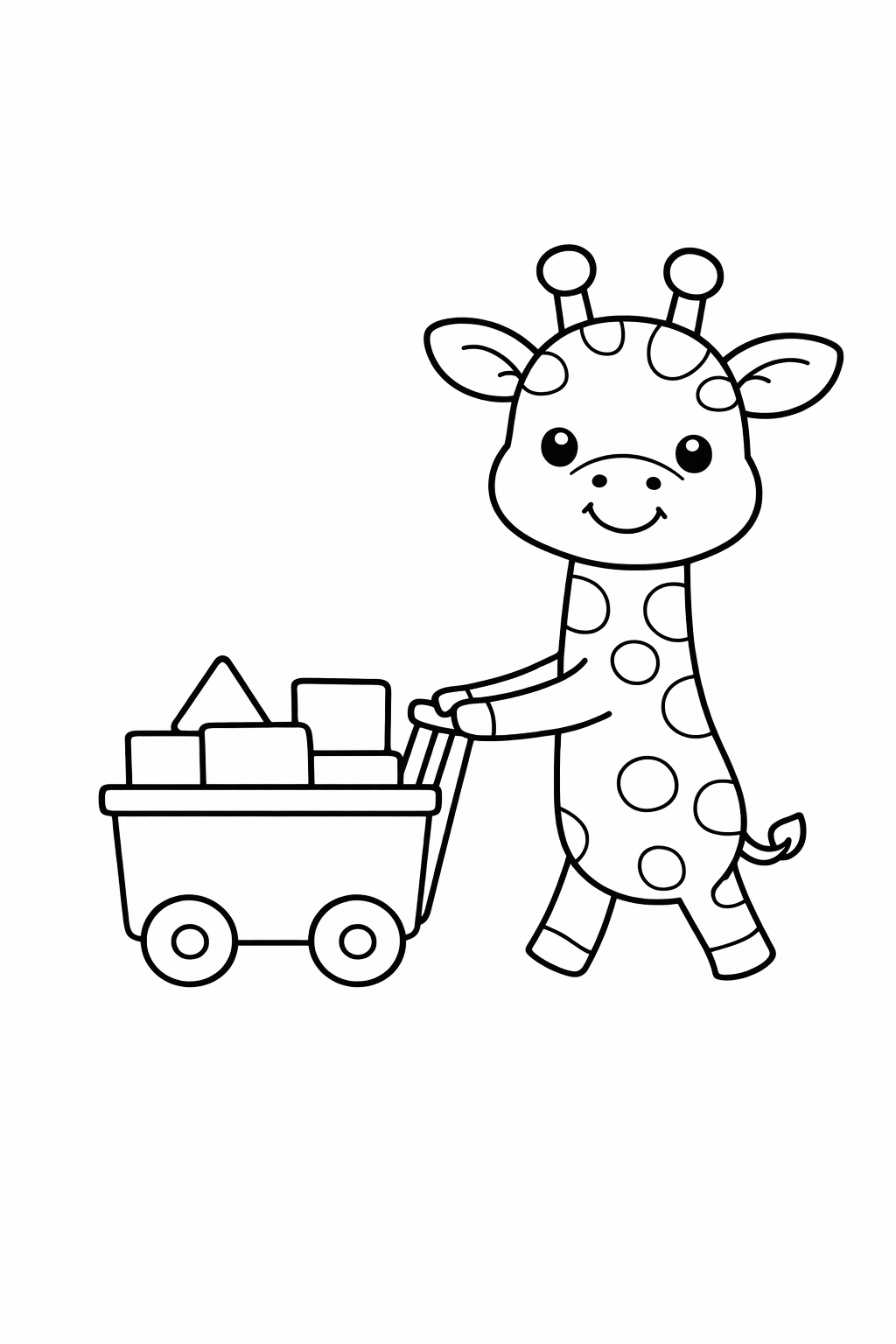 A giraffe pushing a toy cart