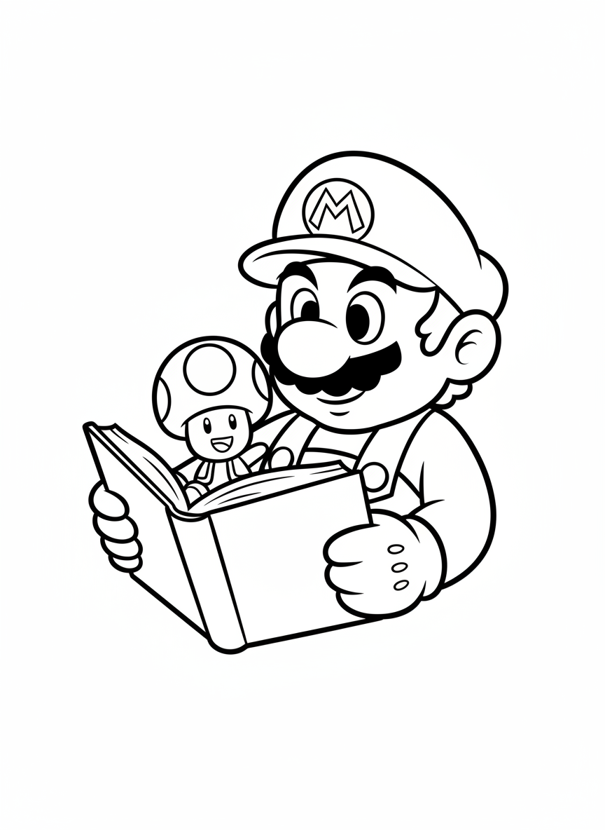 Mario is reading a bedtime story to a tiny mushroom friend
