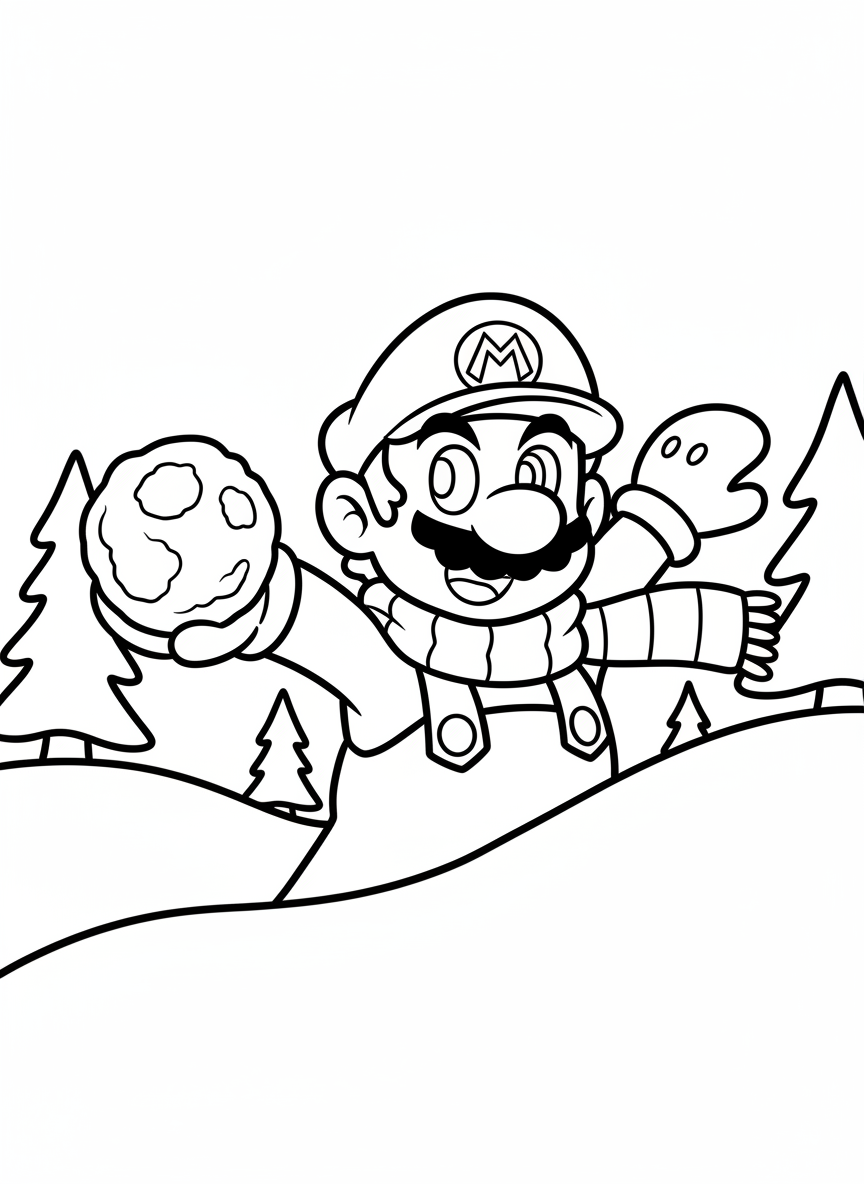 Mario throws a snowball in a fun snow game