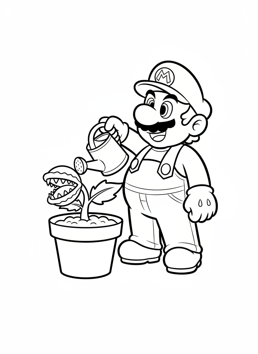 Mario is watering a potted plant