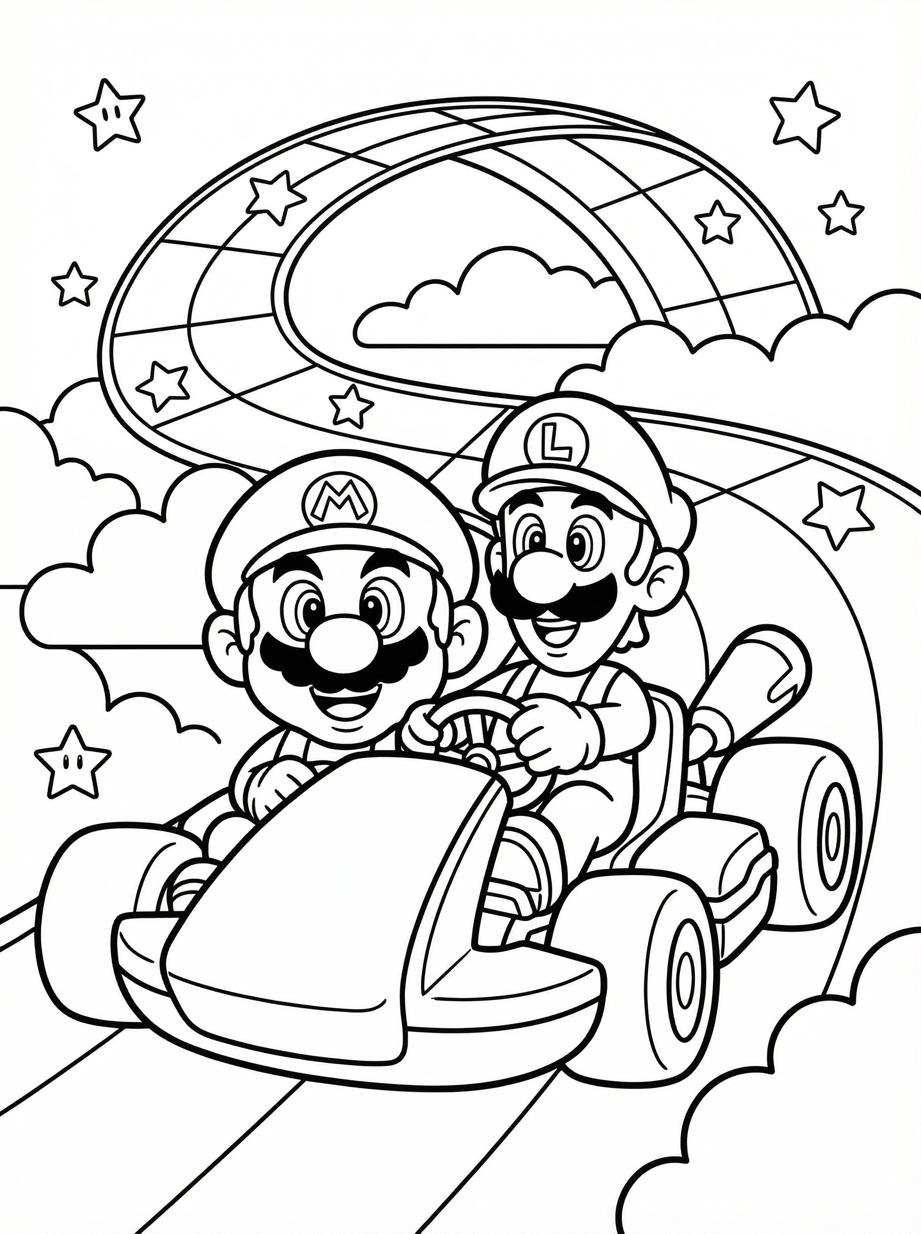Mario and Luigi race go-karts on Rainbow Road