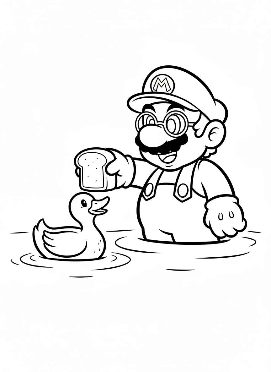 Mario is feeding a duck