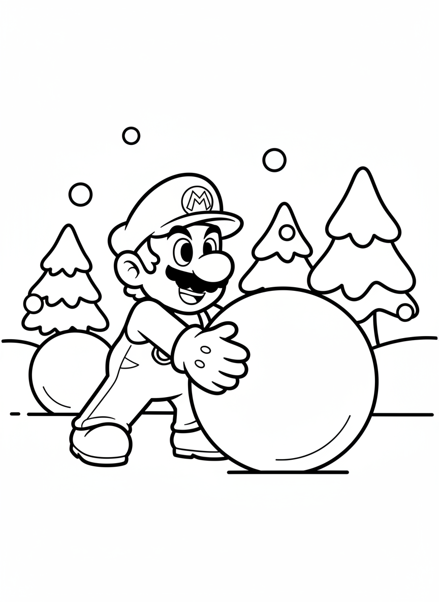 Mario is rolling a big round snowball in winter