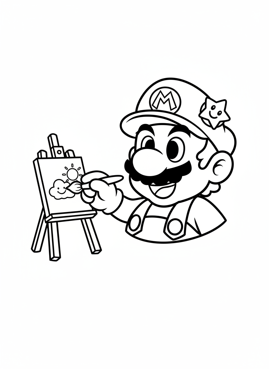 Mario is painting a simple picture on an easel