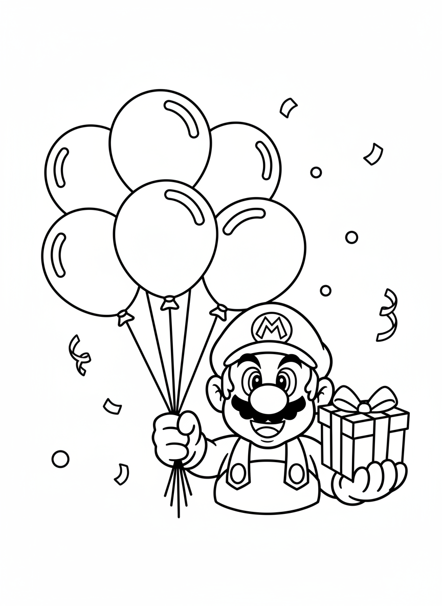 Mario is holding balloons at a party
