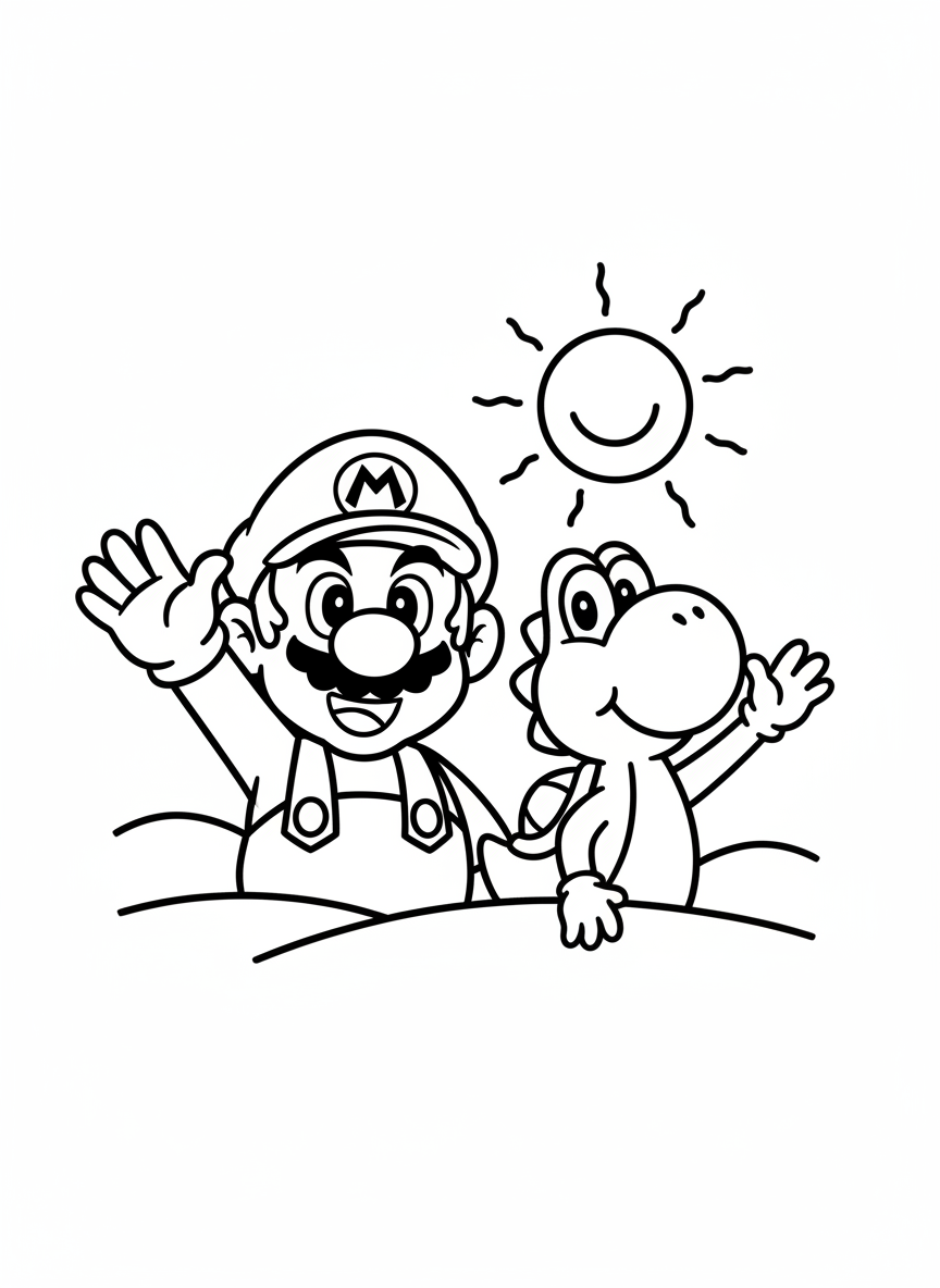 Mario waves to Yoshi on a sunny day