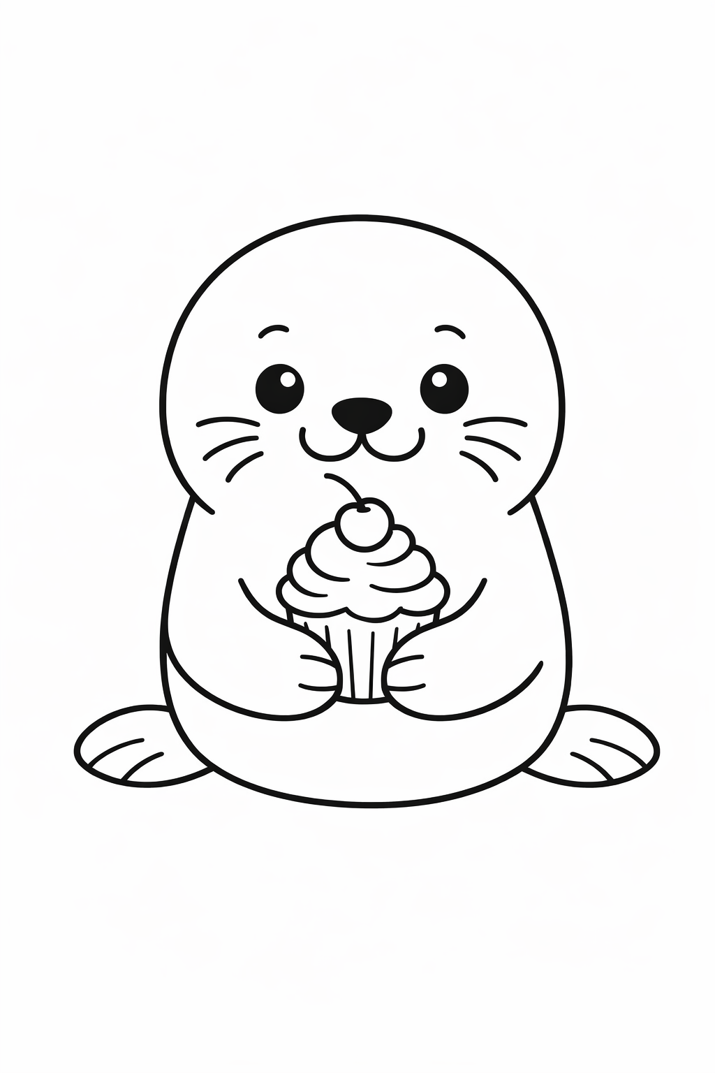 A cute seal holding a cupcake