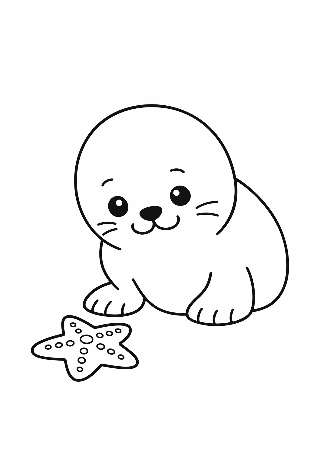 A cute seal looking at a starfish