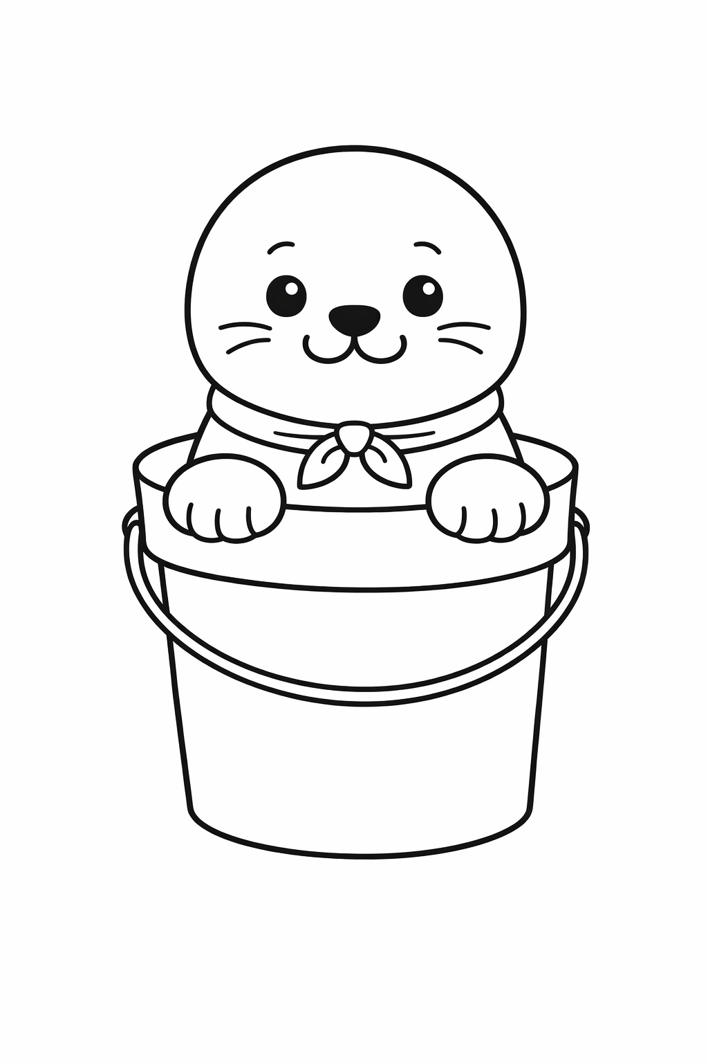 A cute seal peeking out of a bucket