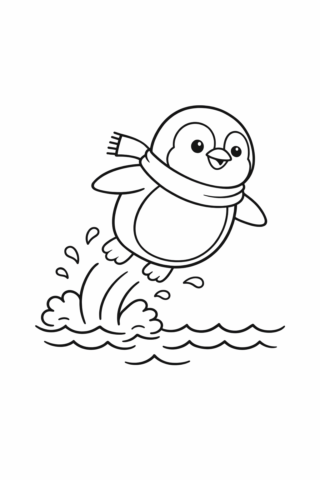 A cute penguin porpoising above the water in one clean leap