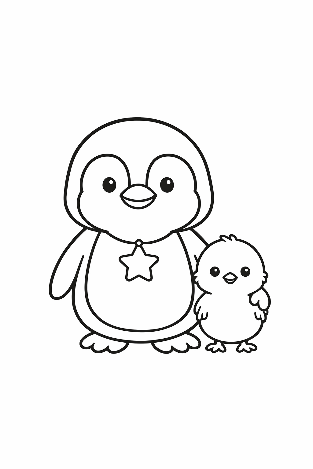 A cute penguin standing guard beside a chick