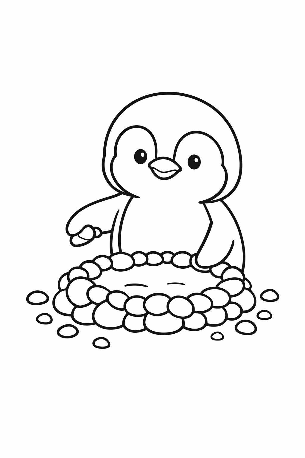 A cute penguin arranging pebbles around its nest