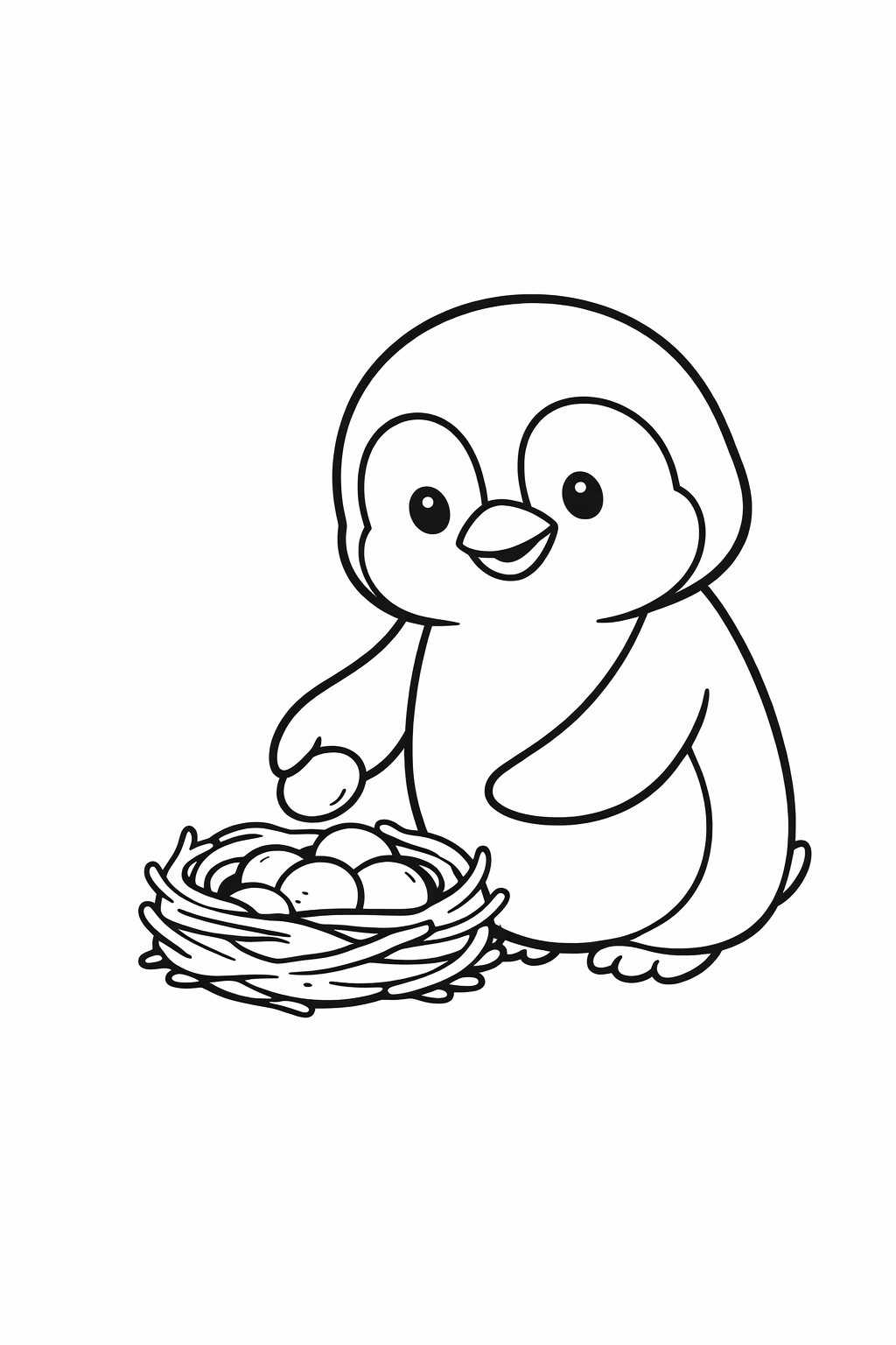 A cute penguin placing a pebble into a tiny nest ring